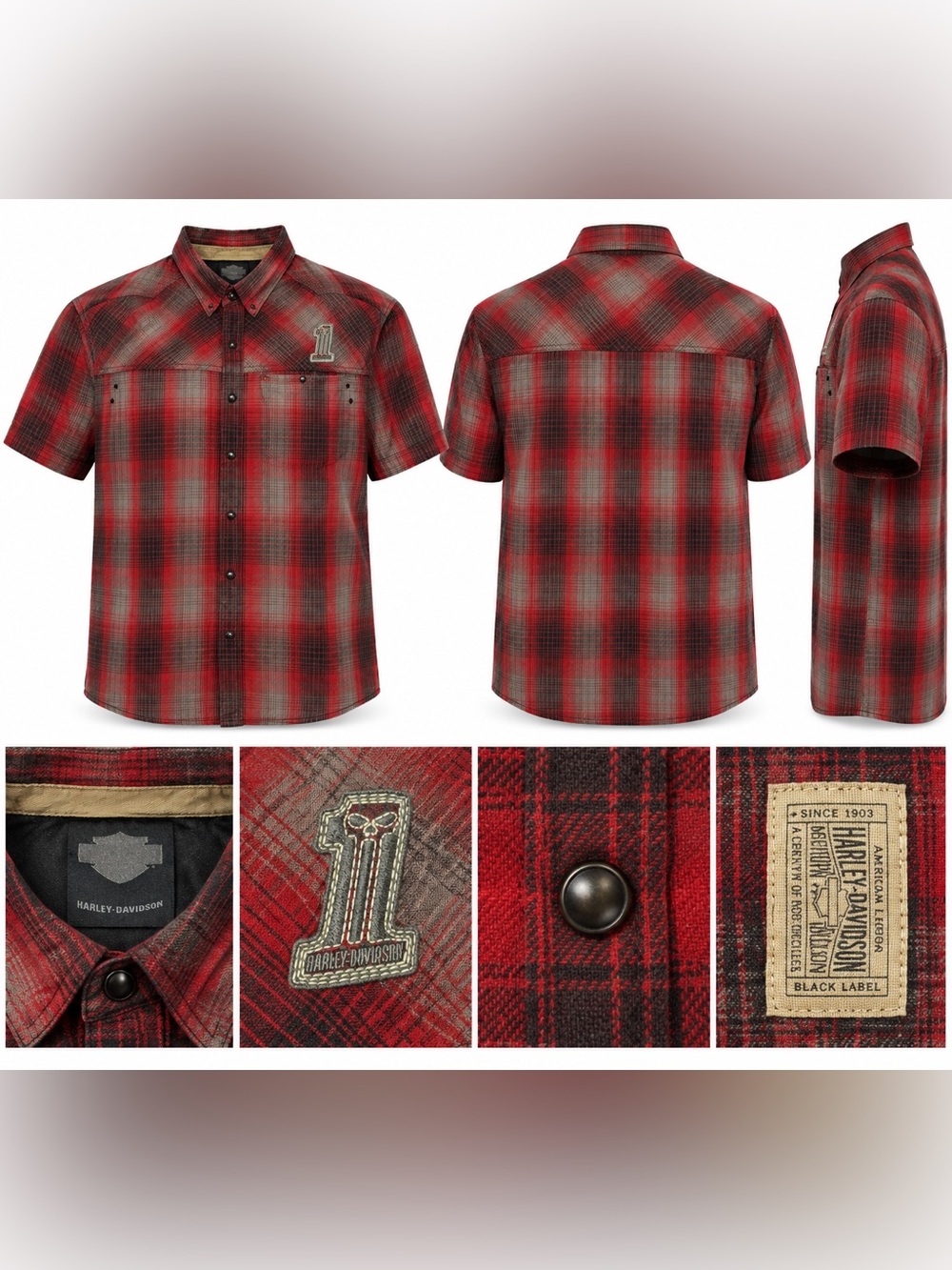 Harley Davidson Black Label Plaid Pearl Snap Shirt #1 Skull Red Grey Men's